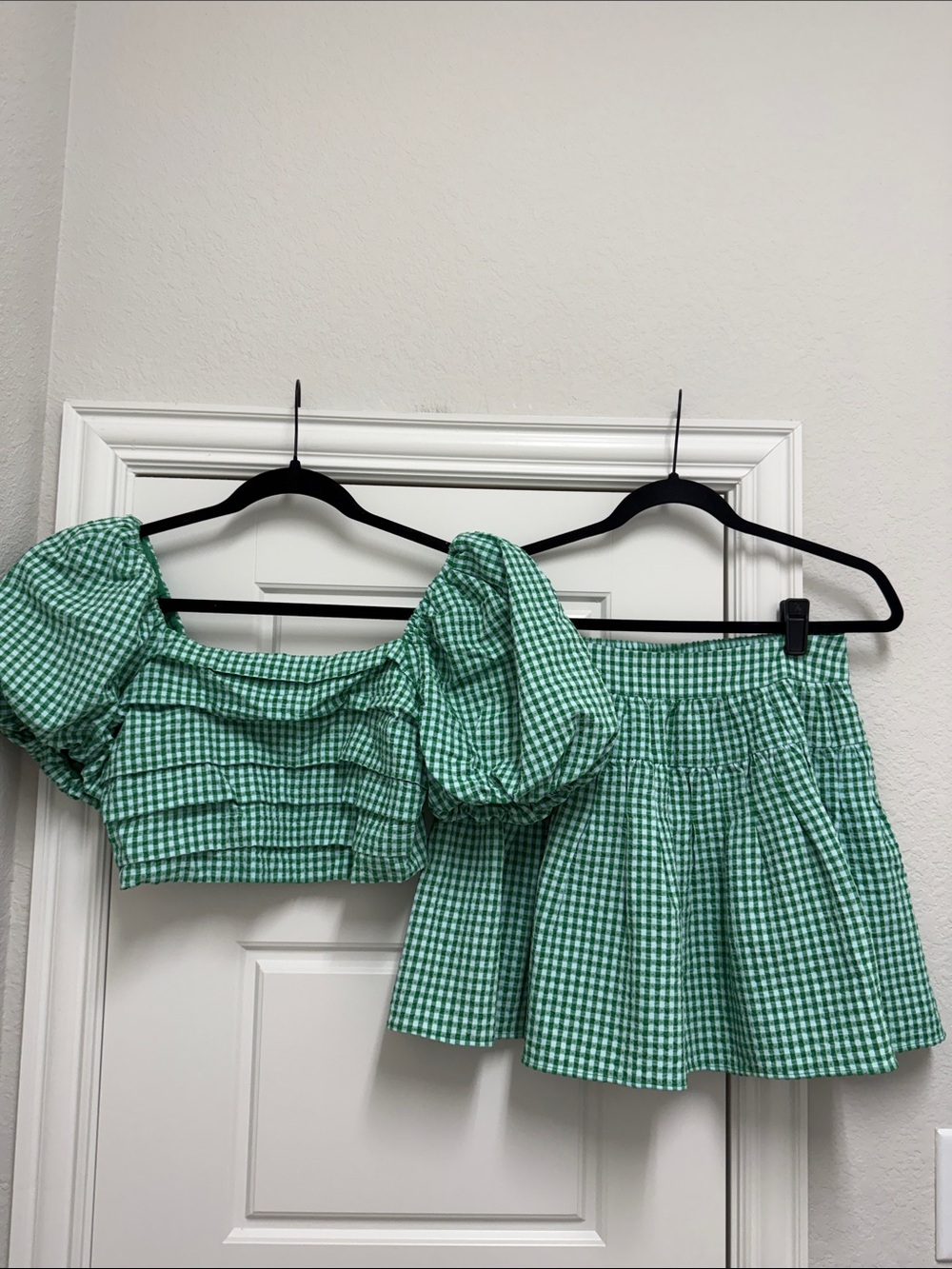 Buddy Love Green Gingham Puff-Sleeve Crop Top & Mini Skirt Set